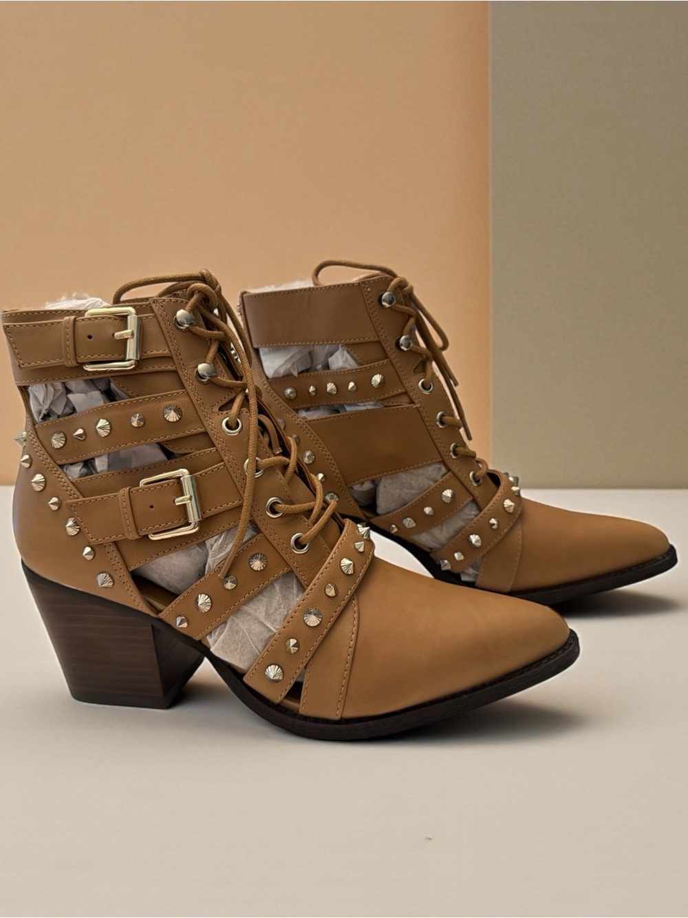 Sam Edelman Cognac Lace-Up Studded Ankle Boots - Picture 5 of 8